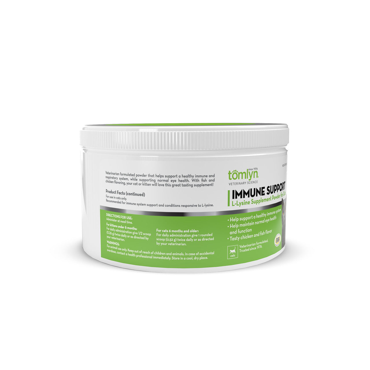 Left of Tomlyn L-Lysine Immune Support Chicken and Fish Flavored Powder for Cats, 3.5 oz.