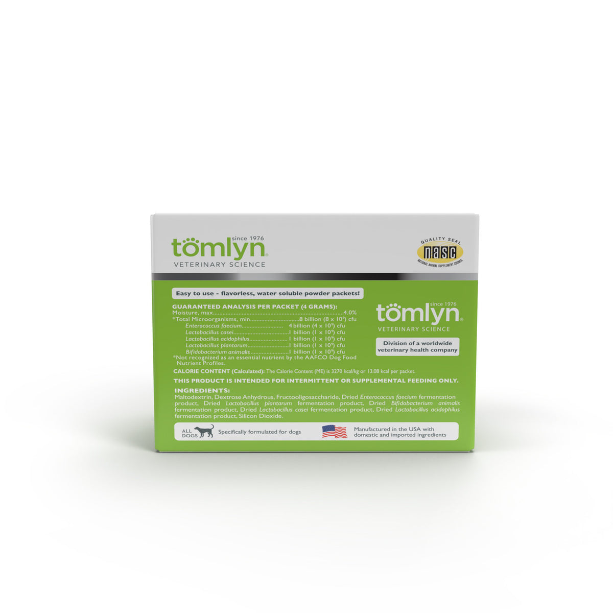 Back of Tomlyn Pre & Probiotic Nutritional Supplement Flavorless Packets for Dogs, 30 count
