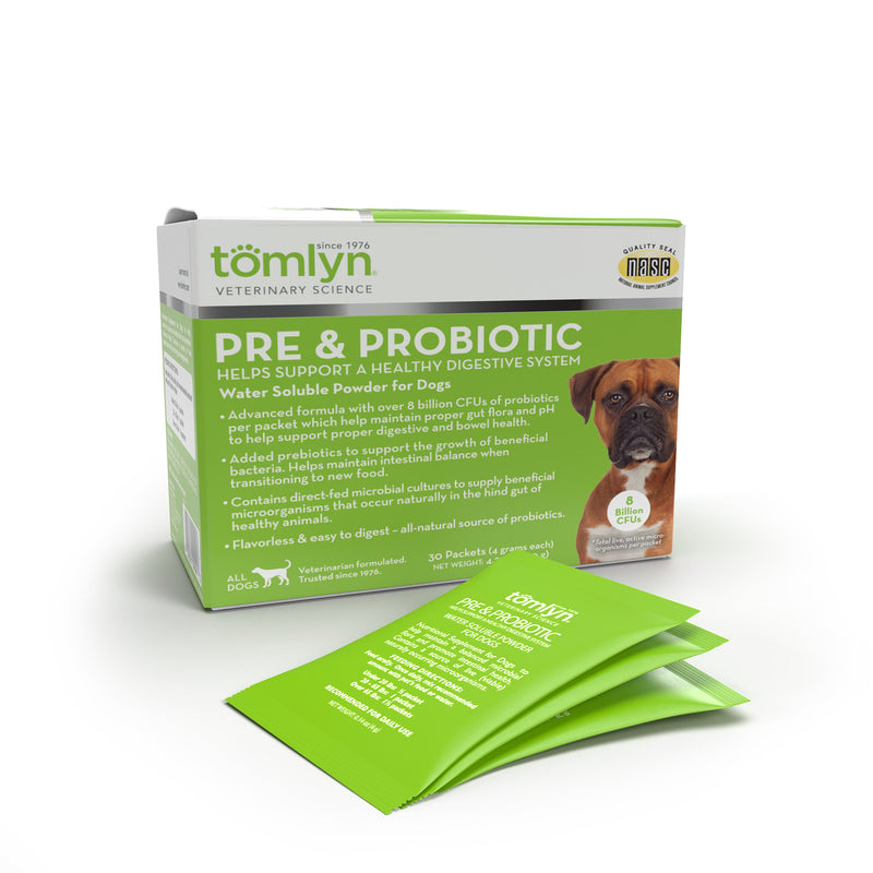 Box and packets of Tomlyn Pre & Probiotic Nutritional Supplement Flavorless Packets for Dogs, 30 count