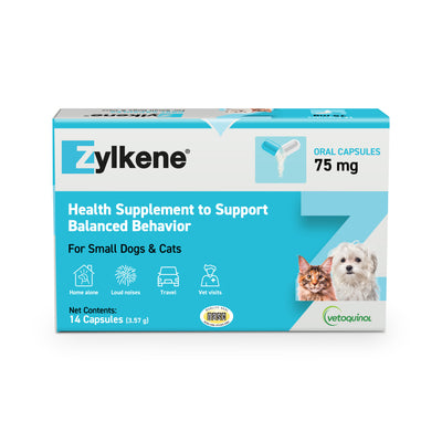 Vetoquinol Zylkene Calming Supplement, 75 mg for Small Dogs and Cats, up to 22 lbs