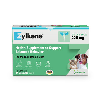 Vetoquinol Zylkene Calming Supplement, 225 mg for Medium Dogs and Large Cats, 23-65 lbs