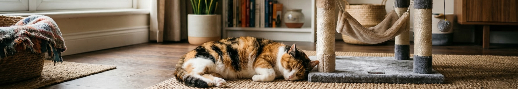 Cat lying on a rug next to a cat tree in a cozy living room.