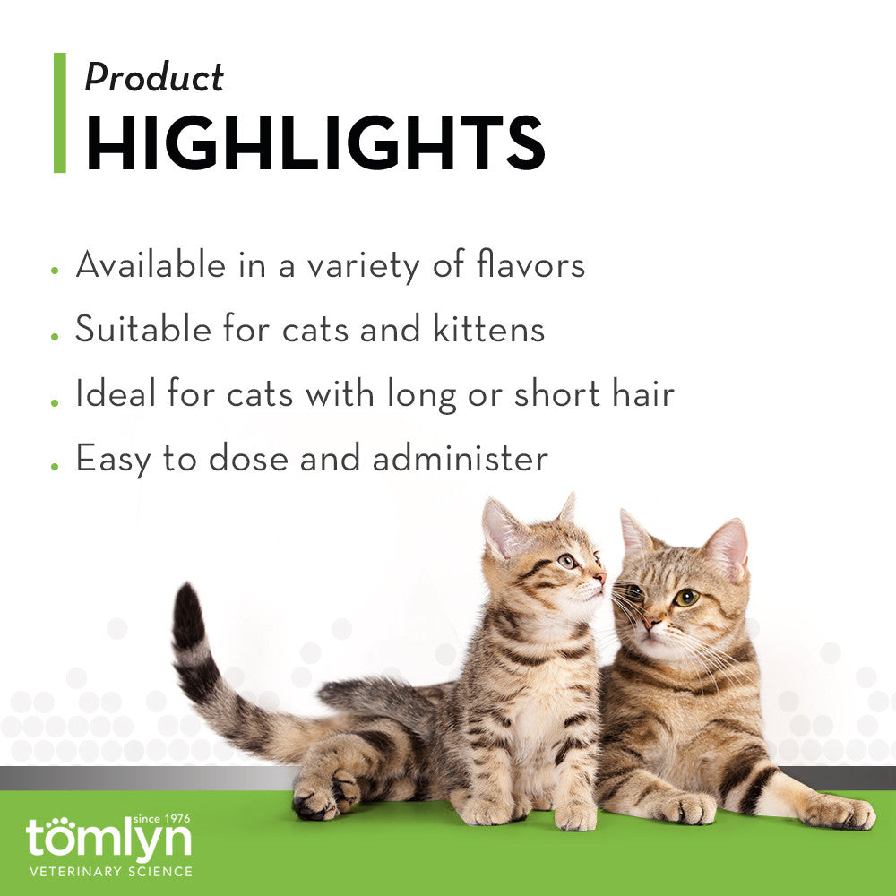 Highlights of Tomlyn Laxatone® Hairball Remedy Maple-Flavored Gel for Cats, 4.25 oz.