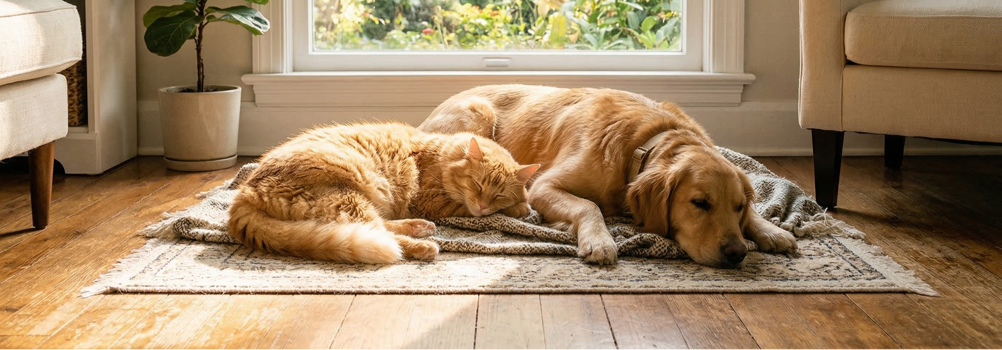 Two dogs lying on a rug in a cozy living room with a large window.