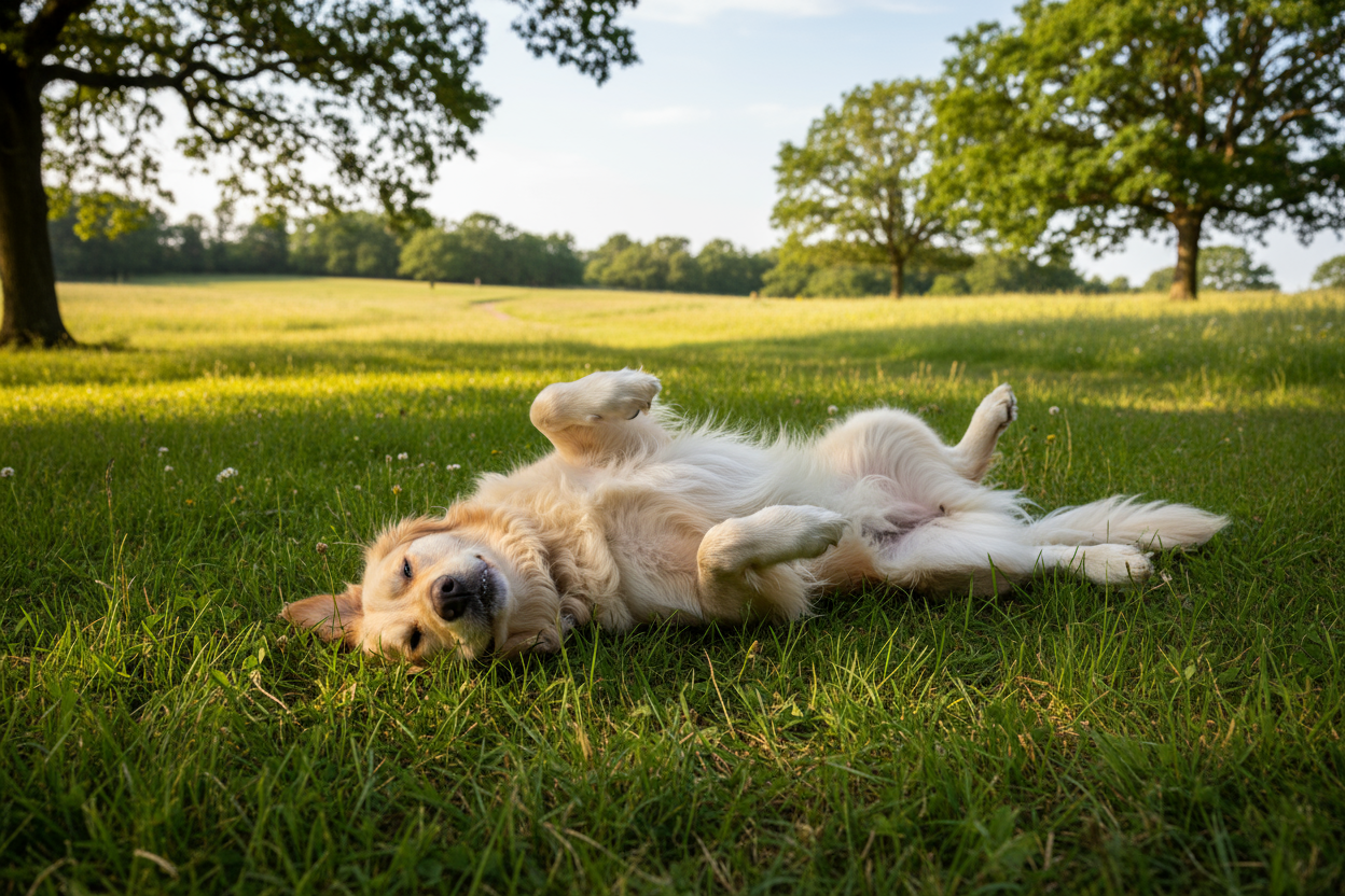 dog laying in grass face up